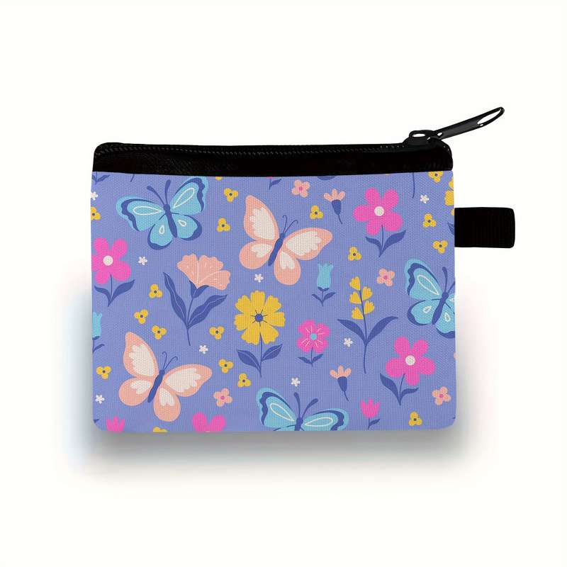 1pc Elegant Butterfly Floral Print Compact Purse for Girls Casual Polyester Coin Key Card Ho