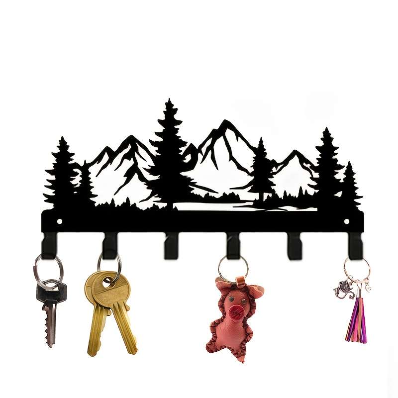 Rustic Forest Metal Key Holder Wall Mount Stylish Mountain  Pine Tree Design with 6 Hooks for Key
