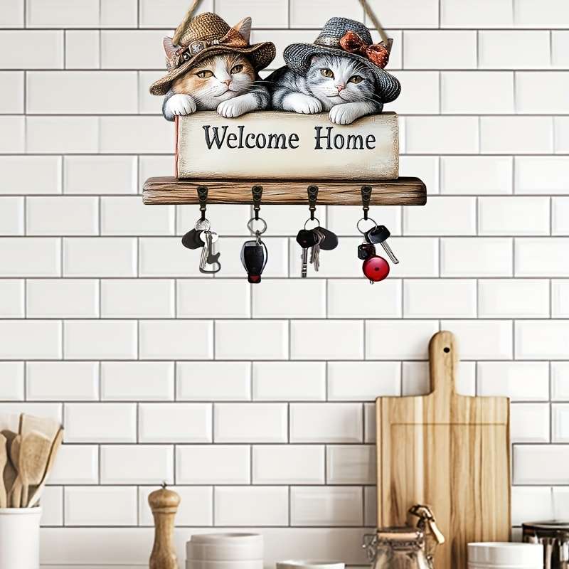 1pc Kitten Welcome Key Hook Simple Colorful Wooden and Home Key Hanger with Four Metal Hooks (11.8