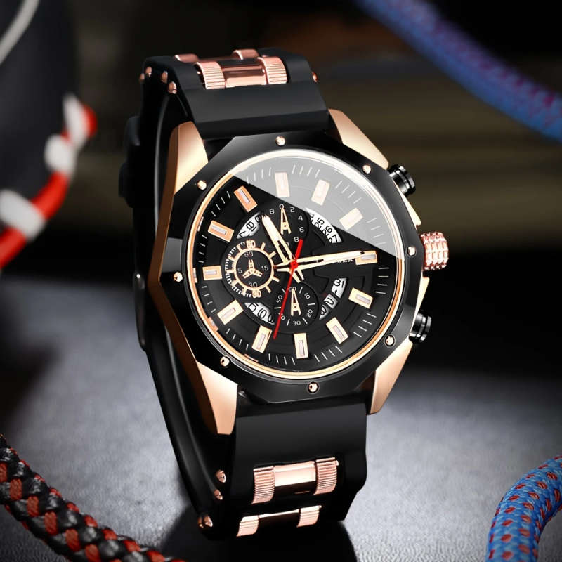 1pc Men's Stylish Quartz Watch with Calendar Black Rose Golden Silicone Strap Zinc Alloy Case Round