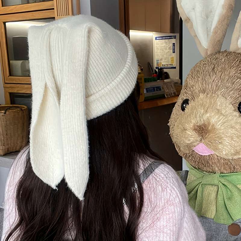 1pc Cozy Knitted Bunny Ears Beanie Hat for Women 100% Acrylic Stretchable Skull Cap with Brea