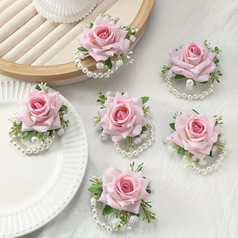 Random Colors 6pcs Elegant Red Rose Wrist Flowers With White Gypsophila And Faux Pearl Chain