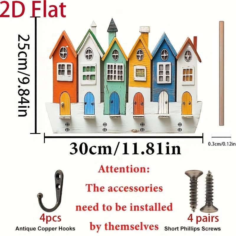 2D/Flat 1pc Colorful House Simple and Colorful Wooden Home Key Hanger with Four Metal Hooks 2D/Fla
