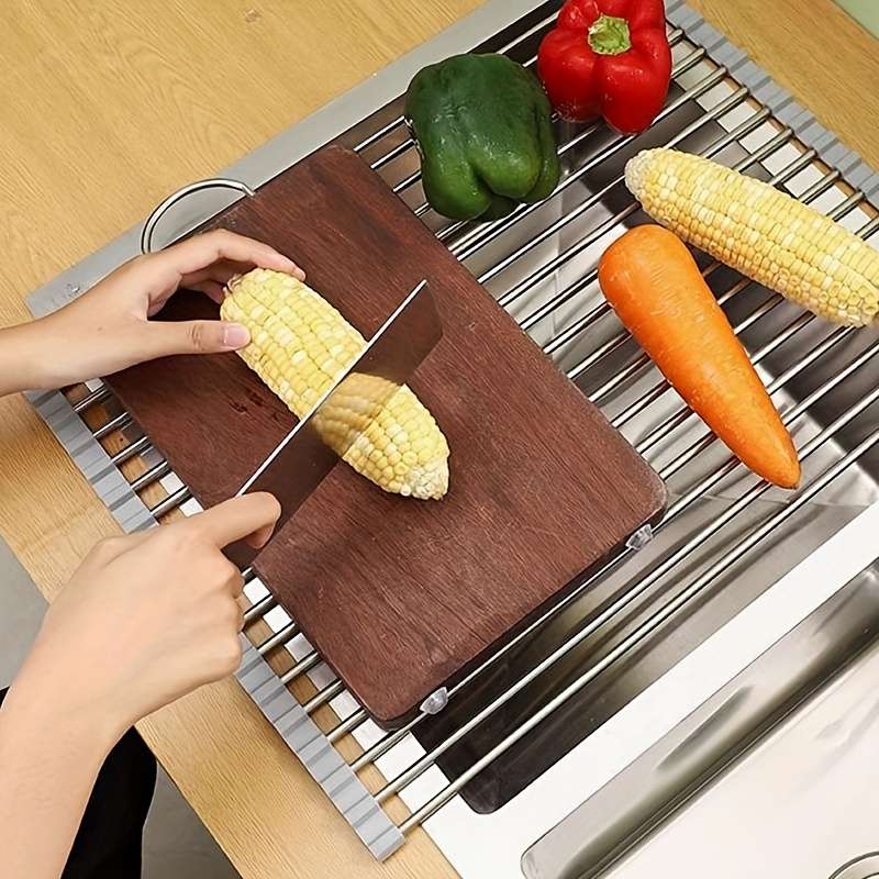 1pc Stainless Steel Foldable Kitchen Sink Drain Rack Food Safe Space Saving Strainer And Dis