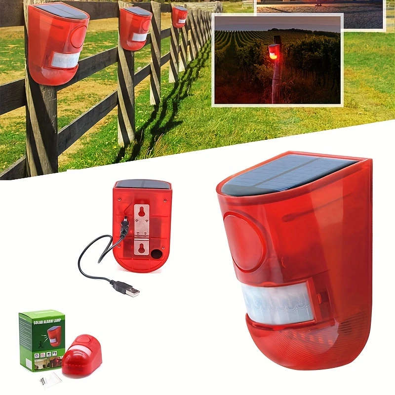 1pc Solar-Powered Security Alarm with 129Db Siren 6 LED Flashing Warning 400Mah Rechargeable Lithium