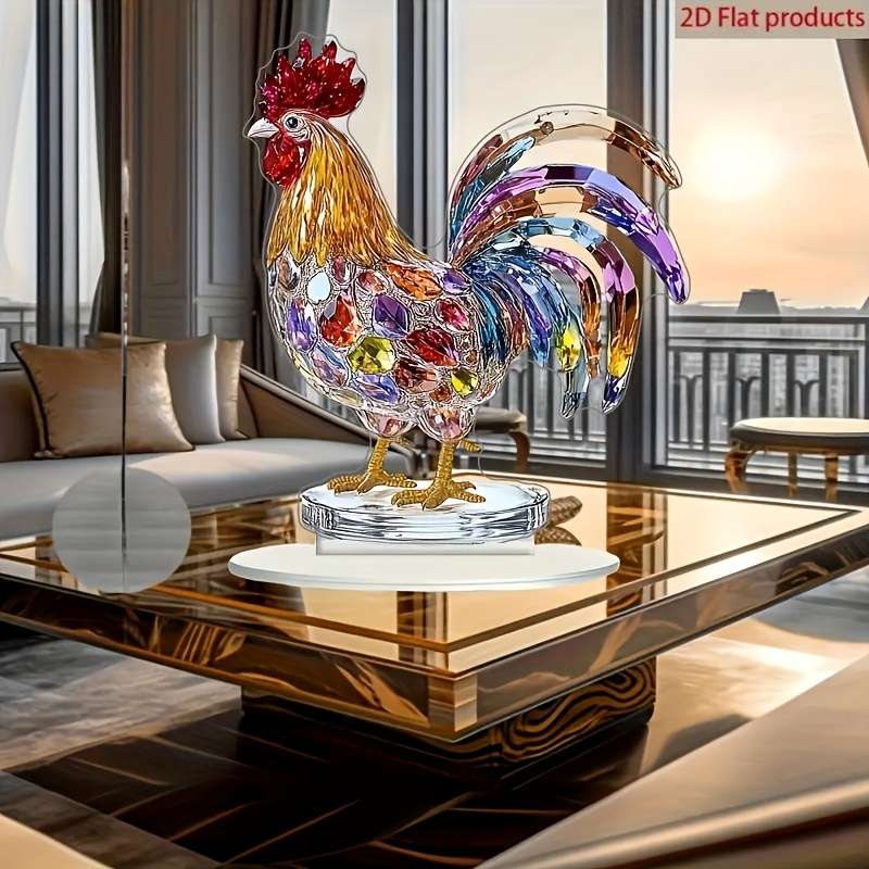 1pc 2D Flat   Elegant Multicolor Crystal Rooster Desk Decoration Vibrant Acrylic Chicken O