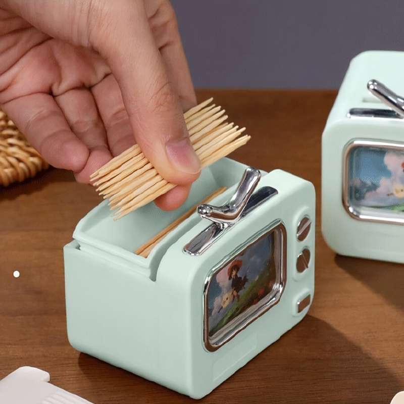 1-Pack Retro TV Design Automatic Pop-Up Toothpick Dispenser Push-Type Portable Plastic Holder