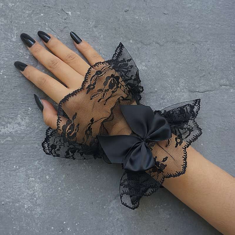 1 Pair Black Lace Bow Sleeve Cuff