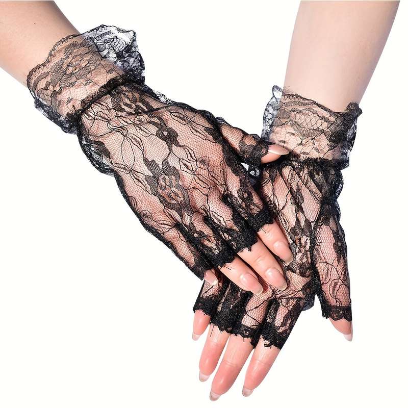 1 Pair Black Bridal Wedding Lace Gloves