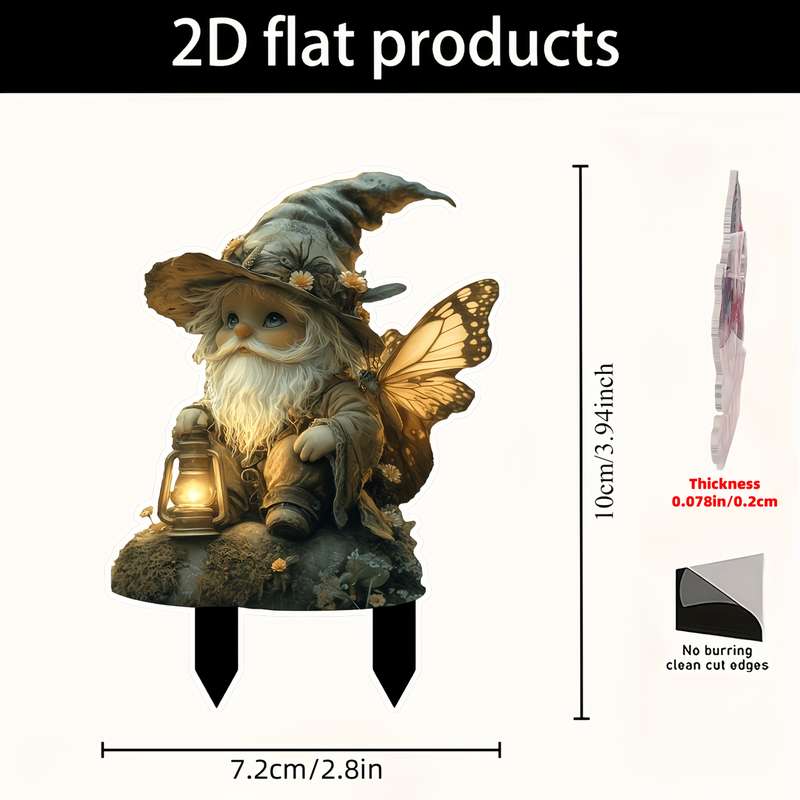 1pc 2D Flat  Acrylic Fairy Garden Gnome with Butterfly Wings Whimsical