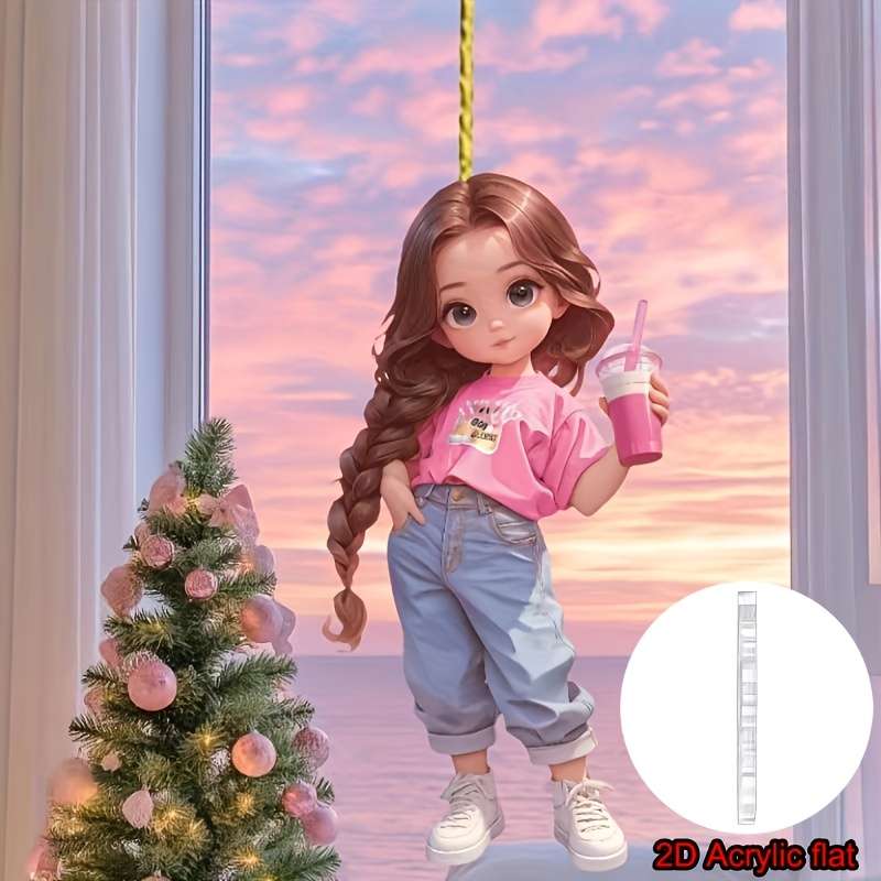 1pc 2D Flat  Acrylic Pendant Long Braided Pink Girl with Drink Ideal for Car Rearview Mirror Wal
