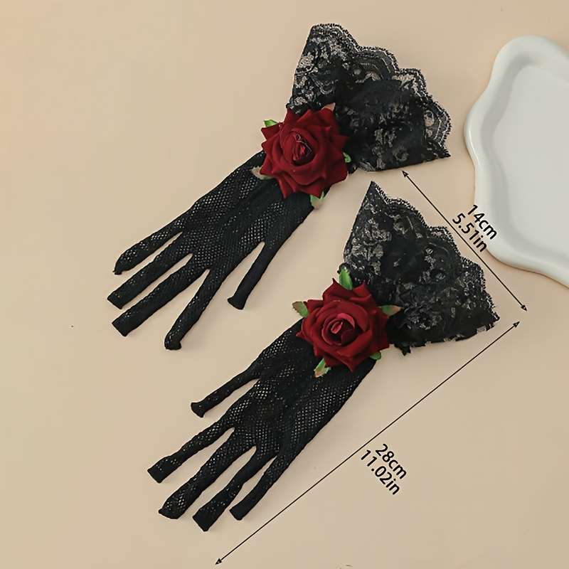 1 Pair Polychrome Floral 3D Rose And Lace Gloves