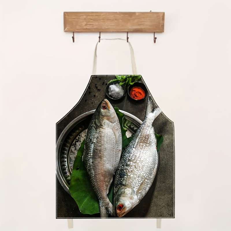 1pc Linen Chef Apron with Fish Design Durable Woven Kitchen Apron for Cooking and Gardening E