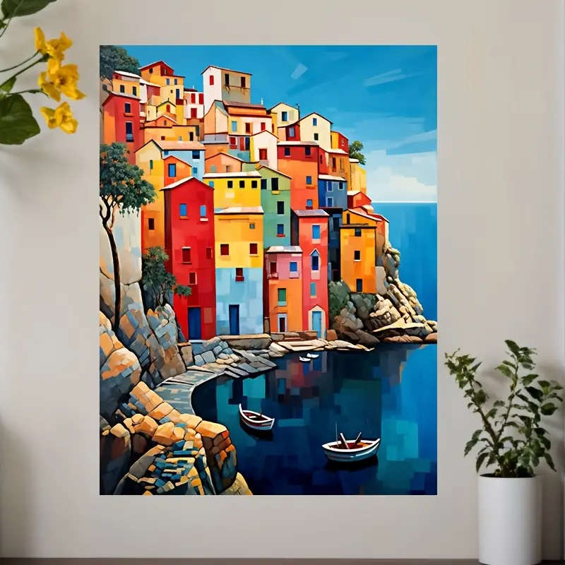 1pc Lakeside Village Canvas Print Frameless Waterproof Wall Art for Living Room Bedroom Office Uniqu