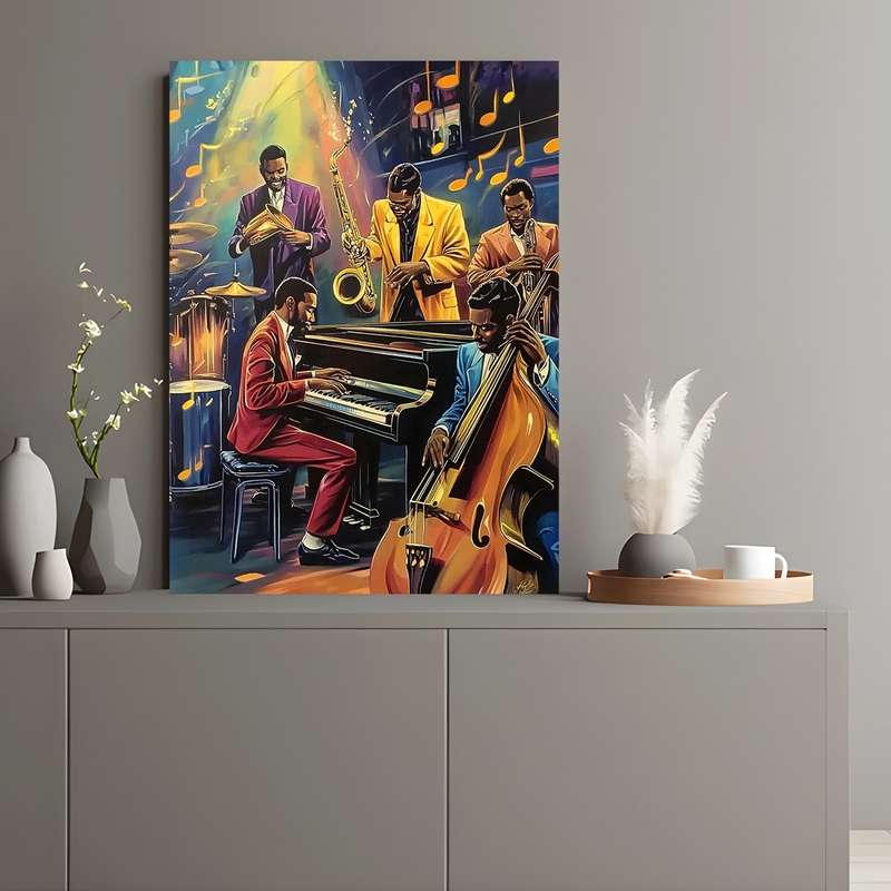 1pc  Jazz Band Poster with Wooden Frame 29.97x39.88 cm Vibrant Musicians Playing Saxophone T