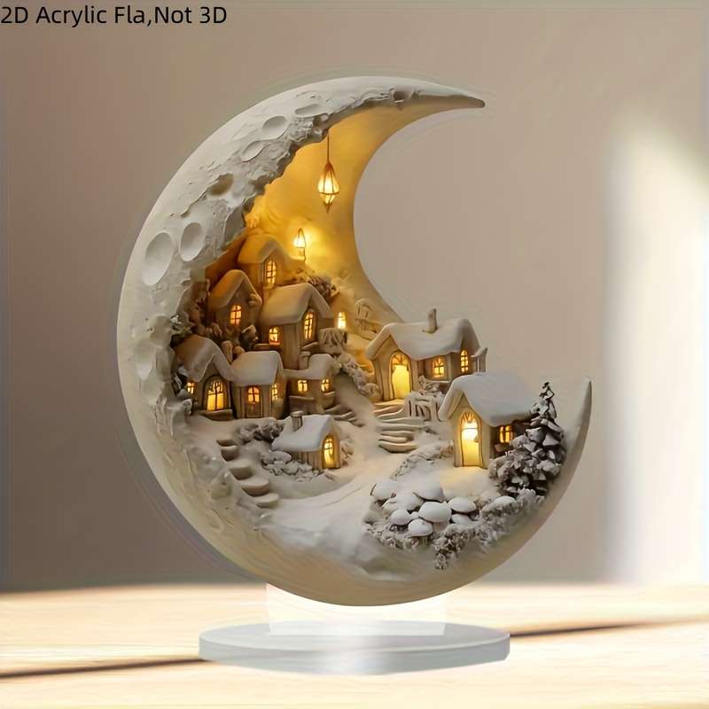 1pc 2D Flat  Bohemian Style Crystal Moon Phase Snowy Village Decor Dreamy Pastel Grey Acrylic P