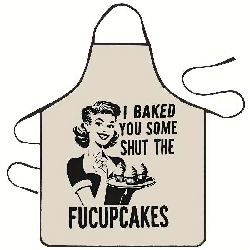 1pc Vintage-Style "I Baked You Some Cakes" Print Apron Beige with Black White Illustration