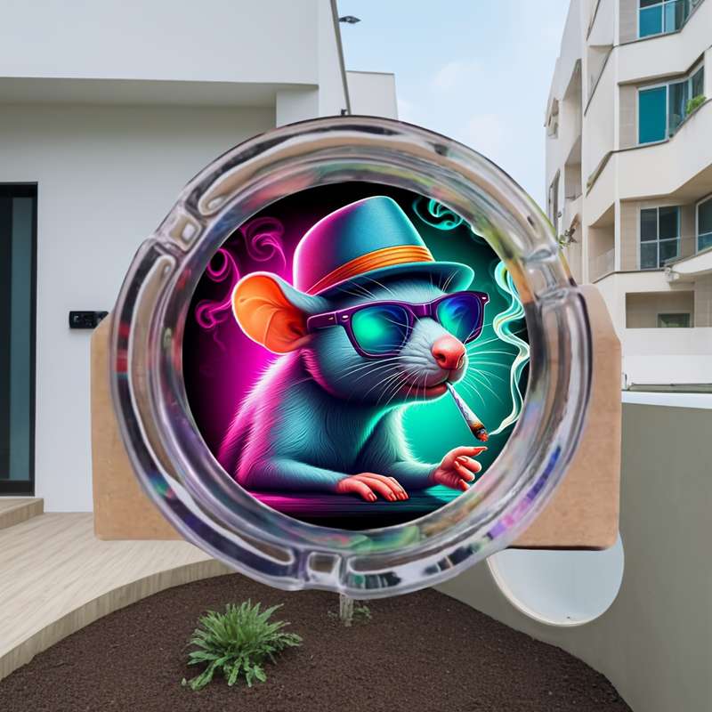 1pc Whimsical Rat Design Glass Ashtray Round Vibrant Blue Pink Artwork with Glasses Hat