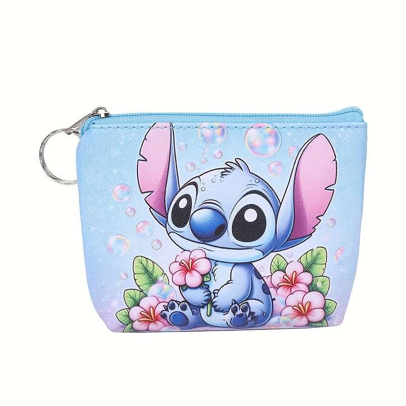 1pc Stitch Mini Wallet Cute Cartoon Coin Purse with Keyring Portable Card Holder Elegant Faux L