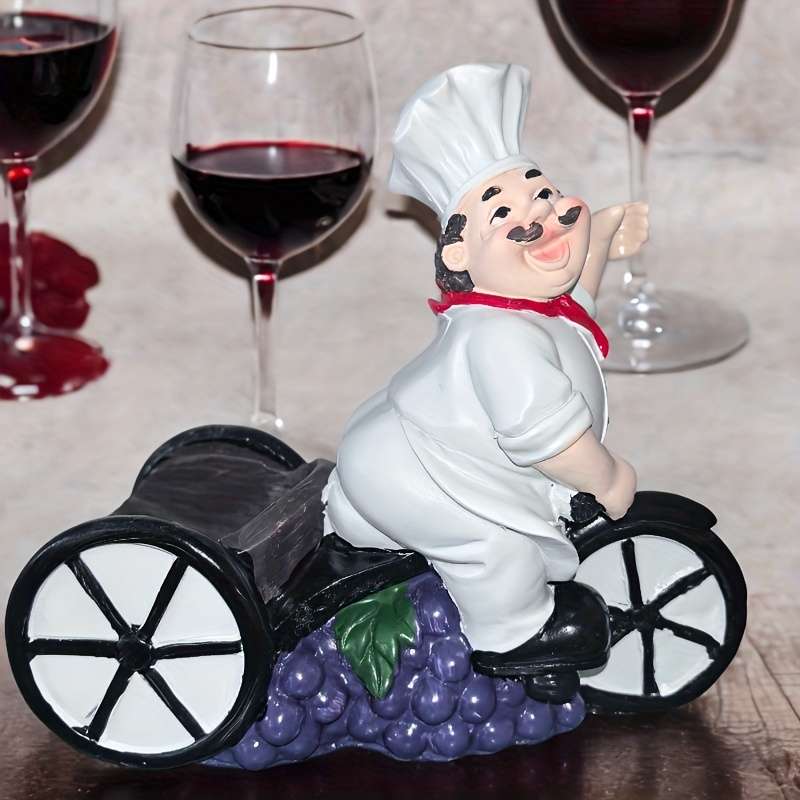 1pc Chef on Tricycle Wine Rack Resin Figurine with Red Hat White Apron Holds Wine Glasses