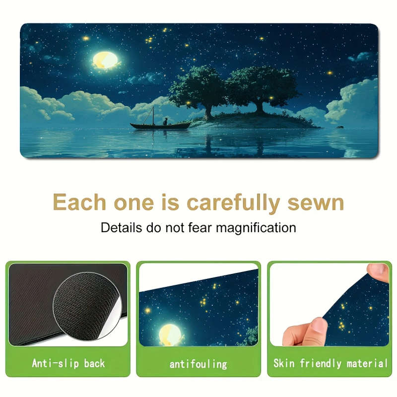 1pc 40x90cm Serene Moonlit Solitary Boat Large Gaming Mouse Pad Non-Slip Rubber Base