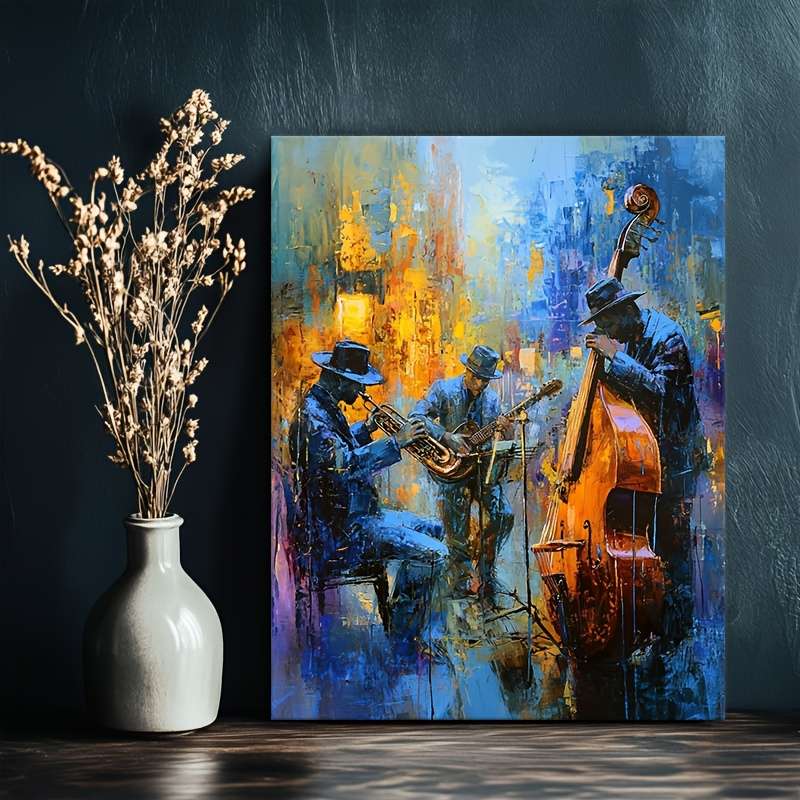 1pc Vibrant Jazz Musicians Canvas Art 30.48x40.64 cm Framed Wall Decor with Wooden Frame Blue