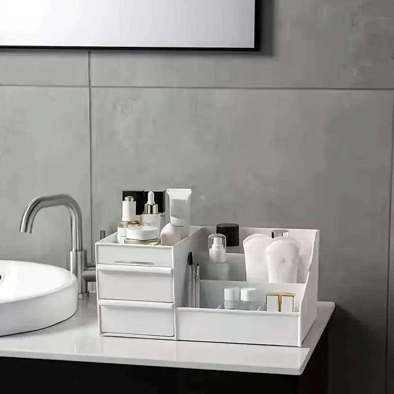 1pc Plastic Cosmetic Organizer with Drawers Lightweight Countertop Makeup Storage Holder for Lipstic