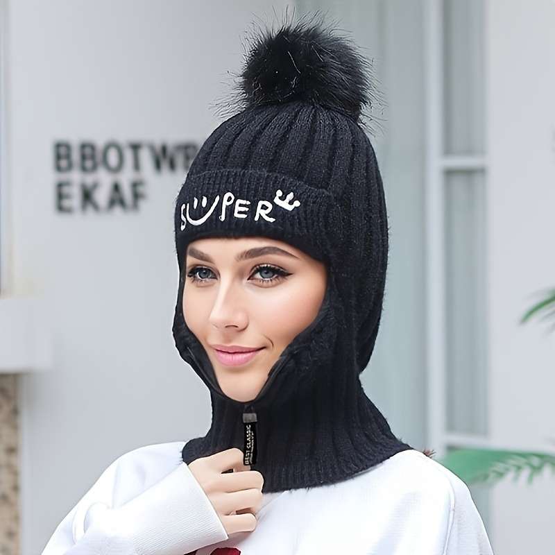 1pc Warm Elastic Knitted Winter Beanie with Pom Pom and Zipper for Women