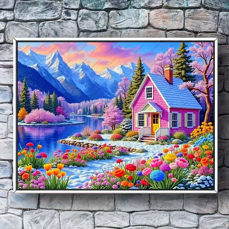 1000pcs Jigsaw Puzzle Serene Pink Cottage Landscape with Vibrant Flowers Snowy Mo