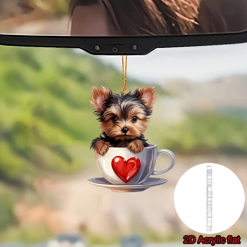 1pc 2D Flat  Adorable Yorkshire Terrier in Teacup Acrylic Pendant Versatile  Charm Hanger for H