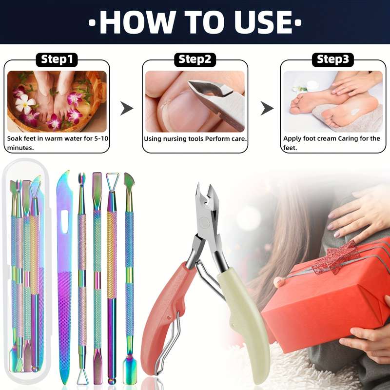 6pcs Professional Nail Care Set Stainless Steel Cuticle Scissors Slanted Clippers Dead Ligh