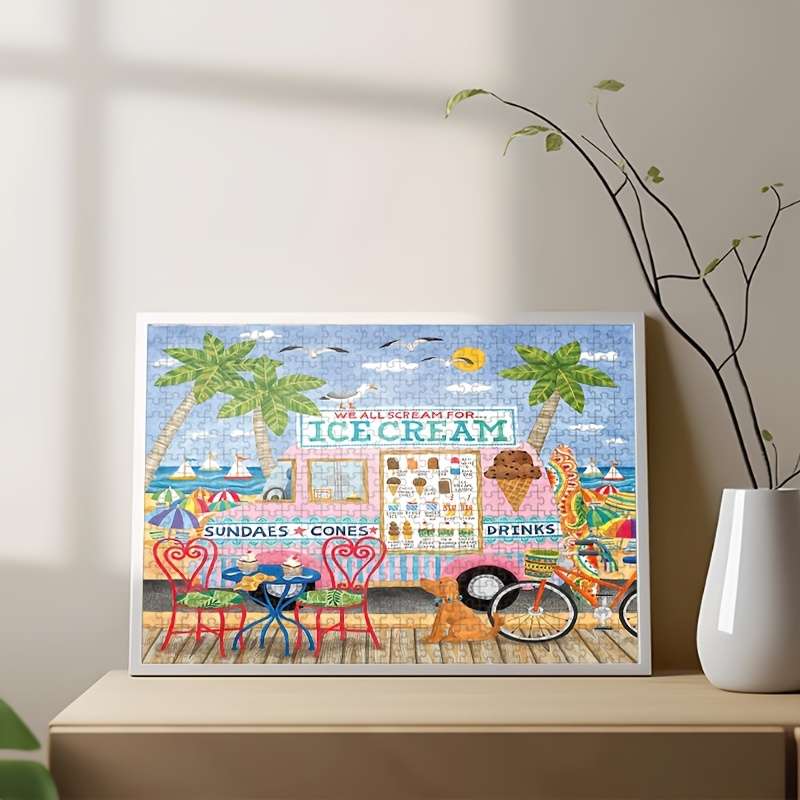1000pcs Jigsaw Puzzle for Adults Vibrant Beach Scene with Ice Cream Truck Palm Tre