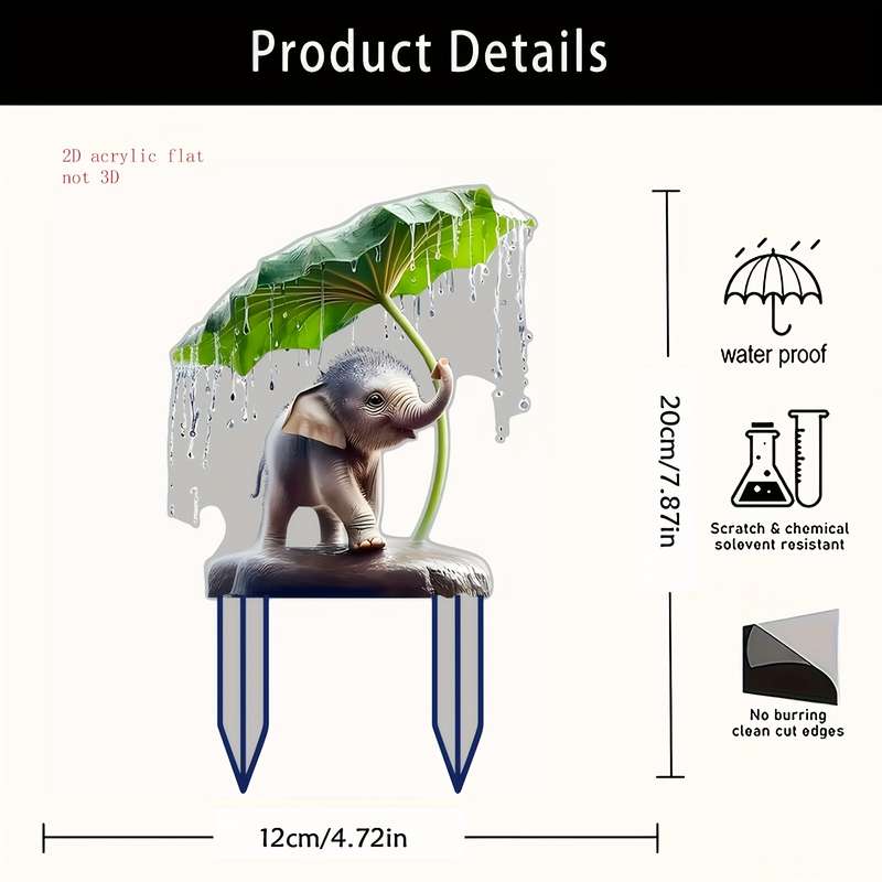 1pc 2D Flat  Charming Youngsters Elephant Under Umbrella  Acrylic Garden Stake Bohemian Style O
