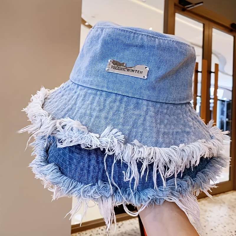 1pc Stylish Denim Bucket Hat with Letter Label Lightweight Versatile and Elastic Fisherman Hat
