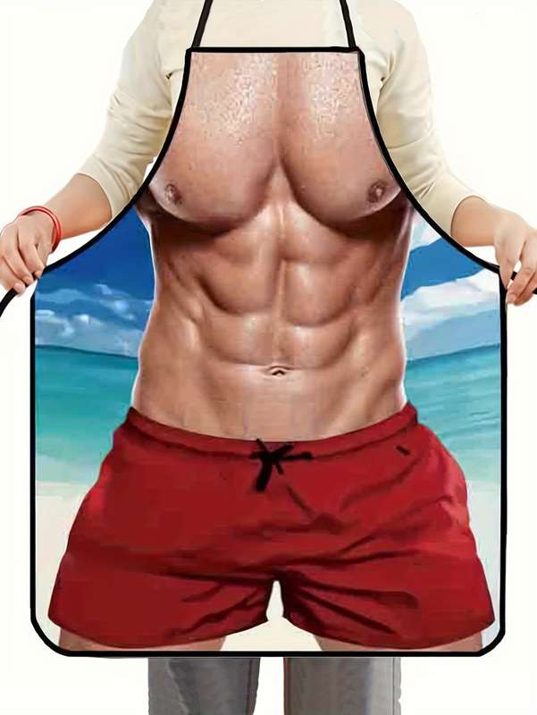 1pc Unique Muscle for Man in Red Swim Trunks Apron 100% Polyester Non-Stretch Hand-Washable