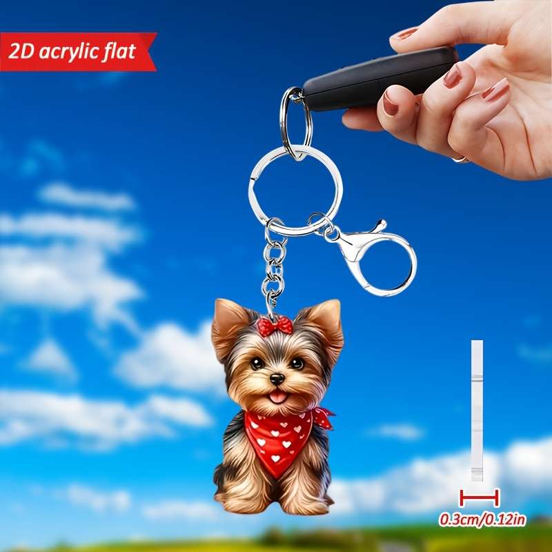 1pc 2D Flat   Cute Yorkshire Terrier Pattern Keychain Novel Acrylic Design Key Chain Decoration