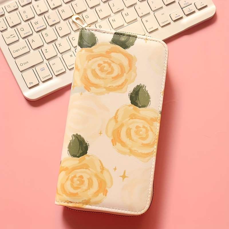 1pc Women'S Fashionable Long Zipper Wallet with Floral Pattern Double Compartment Multiple Card