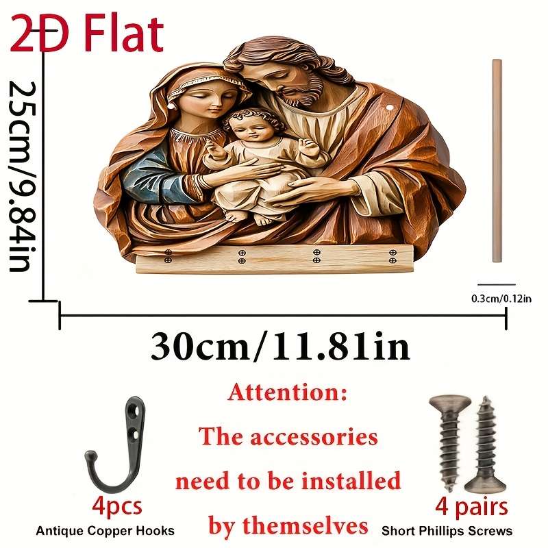2D Flat 2D Wooden Key Holder with Four Metal HooksVibrant Jesus Mary  Family Carving Ideal for
