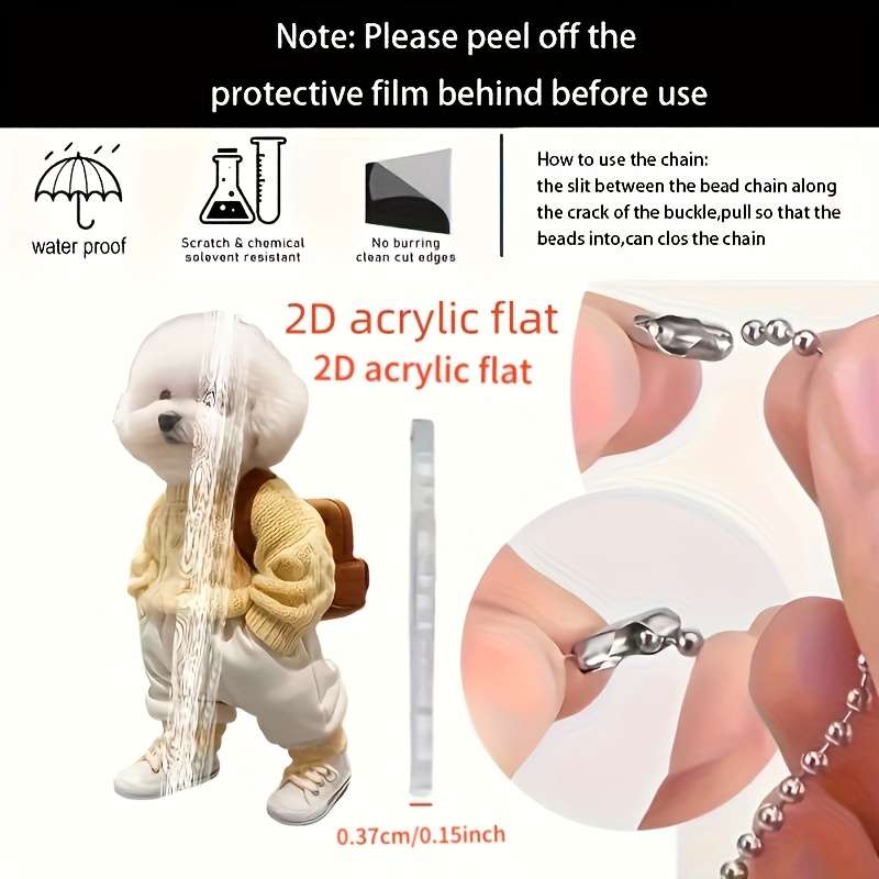 1pc 2D Flat   Acrylic Flat Cute Teddy Dog Keychain with Backpack Yellow Sweater White Sneak