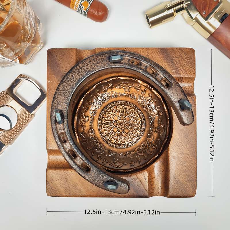 1pc Lucky Horseshoe Wooden Cigar Ashtray with Intricate Carved Floral Design Rustic Cowboy De