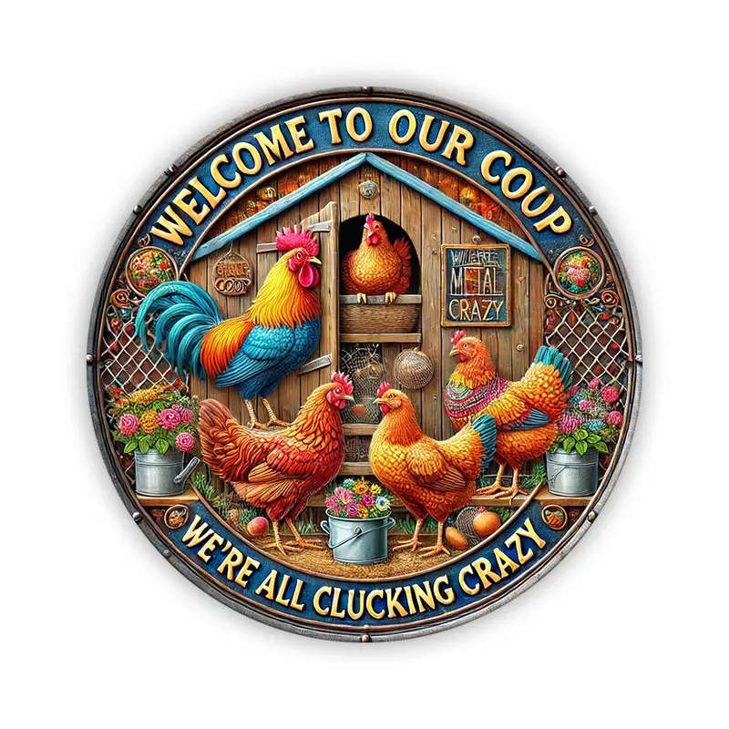 1pc 2D Flat Printed Metal Sign Welcome to Our Chicken Coop Outdoor Chicken Theme with Farm Animal Po