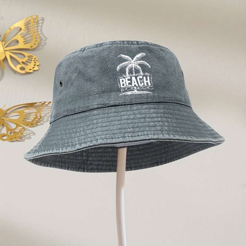 1pc Vintage Washed Grey Beach Bucket Hat with Palm Tree Print Unisex Sun Protection Fisherman Cap