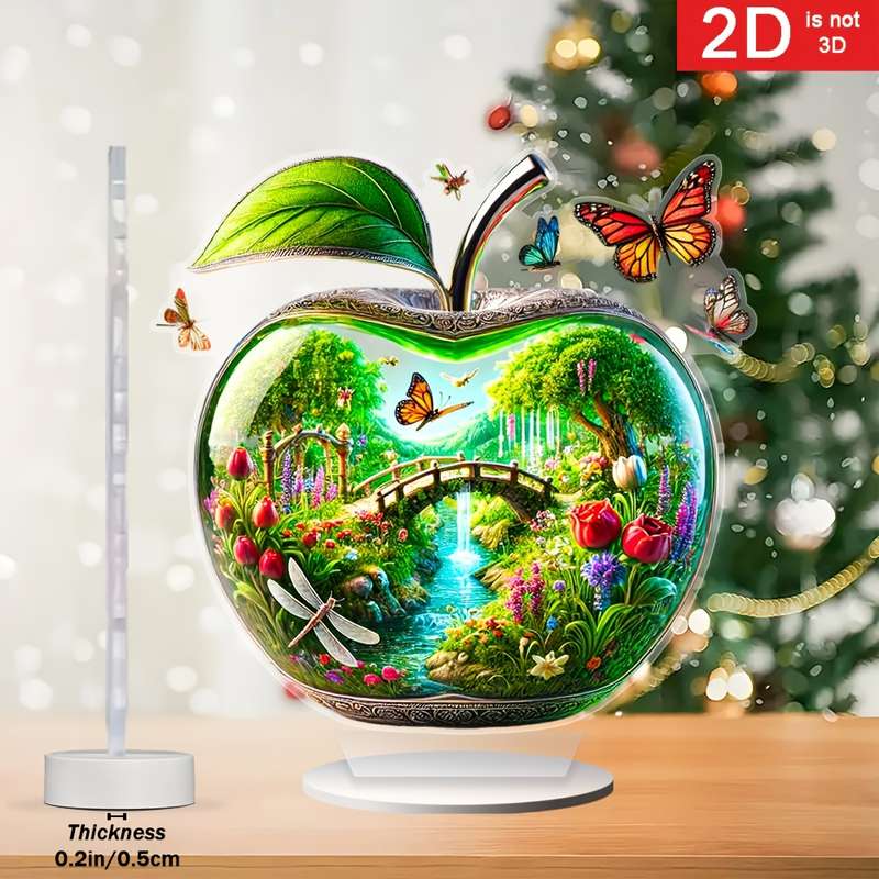 1pc 2D Flat   Charming Apple-Shaped Acrylic Decor a Vibrant Garden with Bridges Waterfalls D