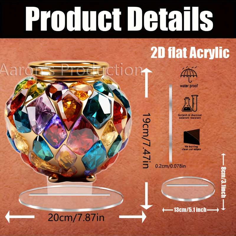 1pc 2D Flat  Acrylic Golden Colorful Gemstone Vase Bohemian Style Elegant  Design Perf