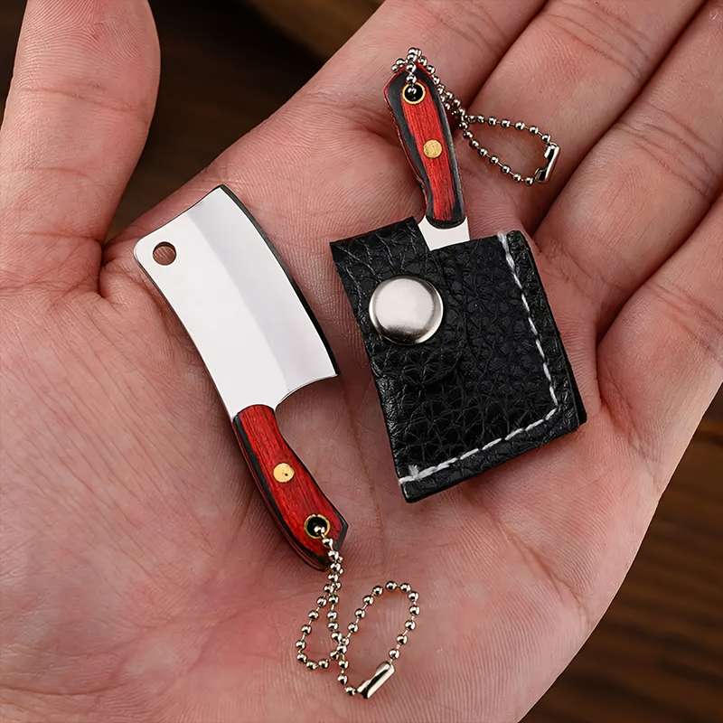 1pc Compact Stainless Steel Mini Knife with Wooden Handle Key Ring Lightweight P