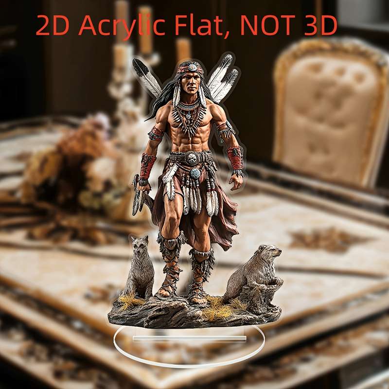 1pc 2D Flat  Bohemian Style  Acrylic Statue Native American Chief Wolf Scene Vintage Desk De