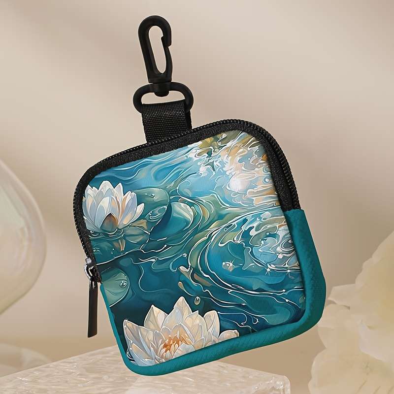 1pc 1pc for Lotus Pattern Printed Coin Purse with Buckle and Zipper Pocket Multifunctional Storag