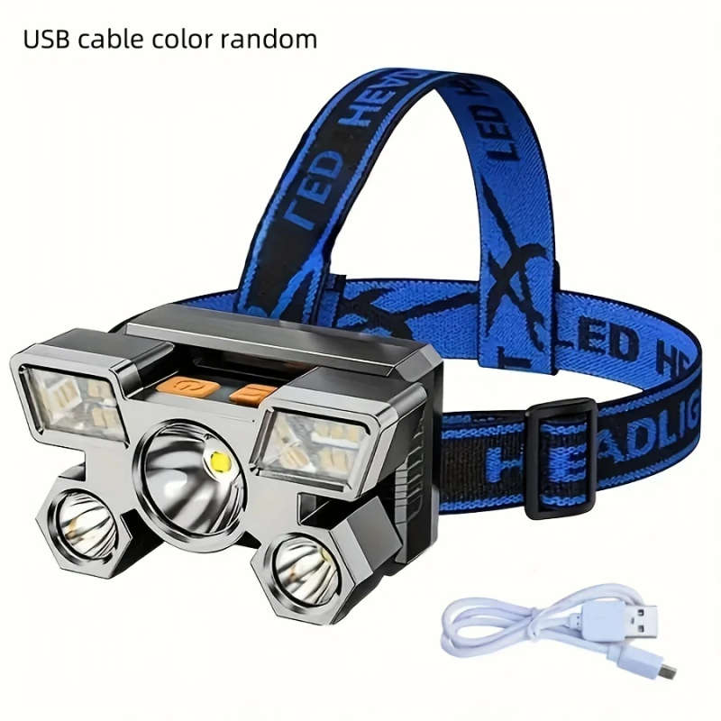 1pc Portable 5LED Headlight USB Rechargeable Suitable for Travel Camping Fishing Hunting Adjustable