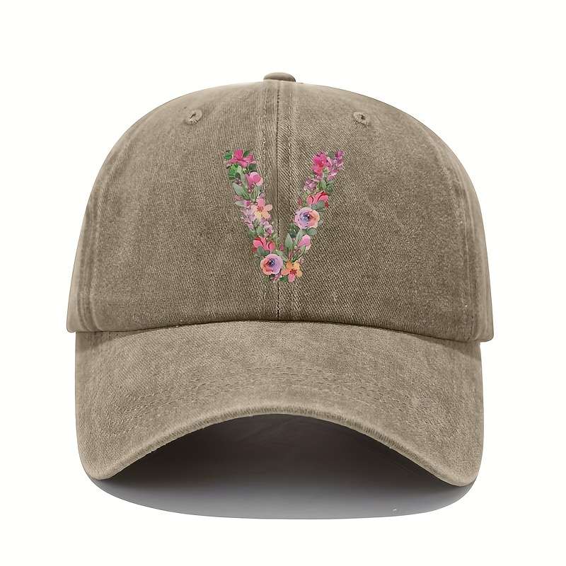 1pc Floral Letter V Print Baseball Cap Vintage Washed Cotton Hat Adjustable Sun Protection Cap wi