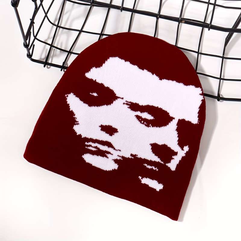 1pc Fashion Knit Beanie with Woman Portrait Design Breathable Warm Stretchy for Outdoor Activi